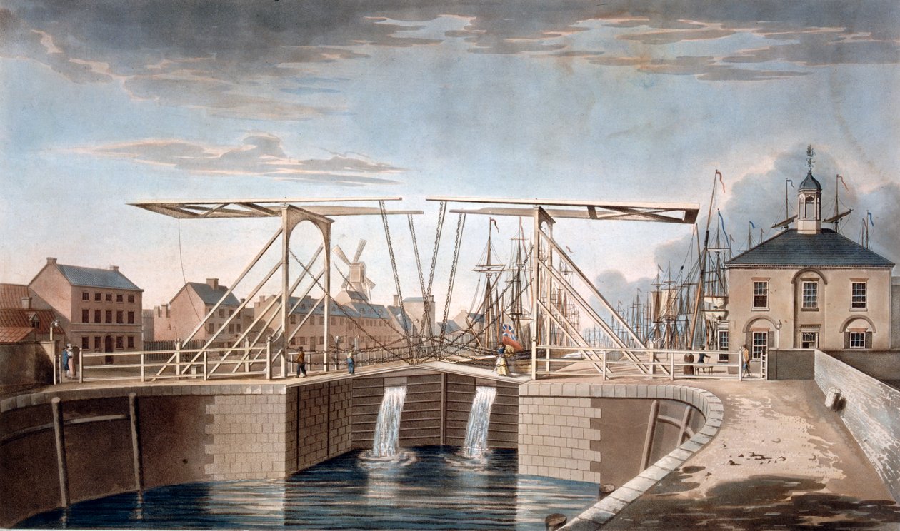 Ponte basculante e novas docas em Kingston-upon-Hull, Yorkshire, 1786 (colorido aquatint) de Robert Thew