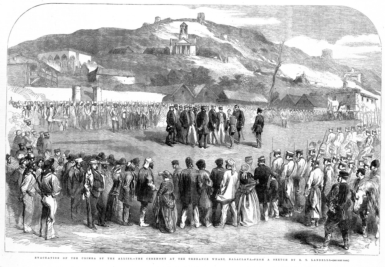 Evacuação da Crimeia pelos Aliados, a Cerimônia no Cais de Ordenanças, Balaclava, do Illustrated London News, 30 de agosto de 1856 de Robert Thomas Landells