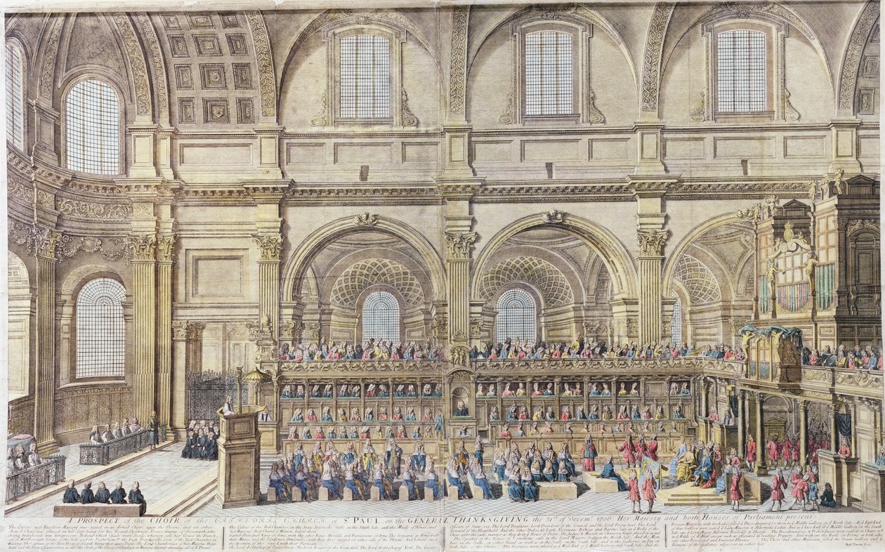 Uma perspectiva do Coro da Catedral Igreja de São Paulo, no Dia de Ação de Graças Geral, a 31 de dezembro de 1706. Sua Majestade e as duas Casas do Parlamento presentes (gravura colorida à mão) de Robert Trevett