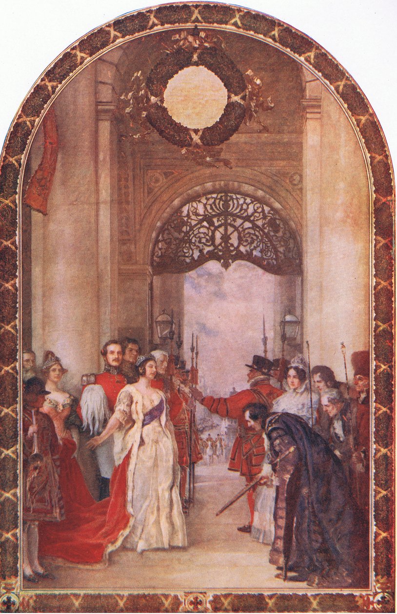 Abertura da Bolsa Real pela Rainha Vitória, da revista Cassells História do Povo Britânico publicada pela Waverley Book Company Limited, c.1940 de Robert Walker Macbeth