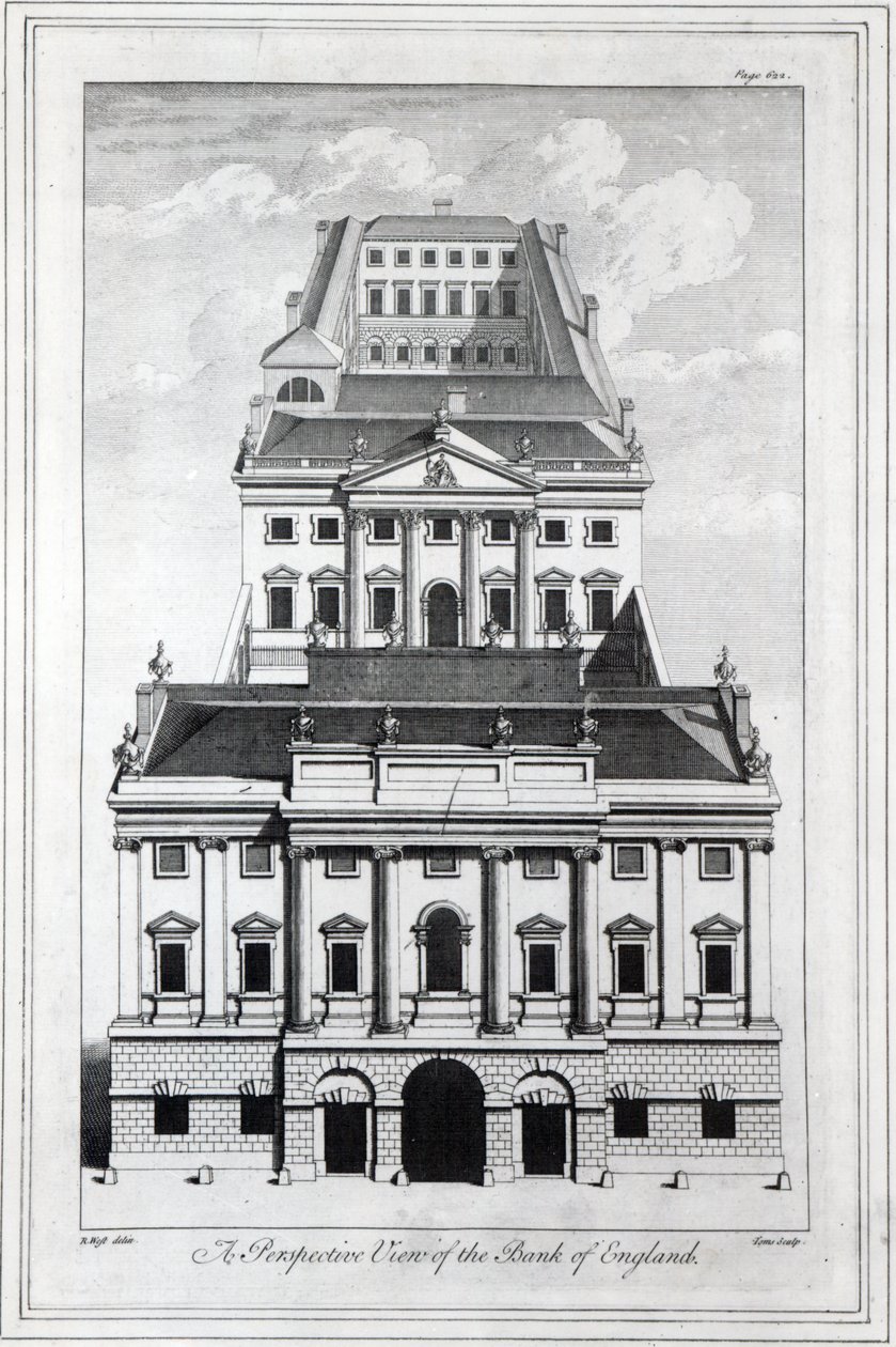 Uma vista em perspectiva do Banco da Inglaterra, gravada por William Henry Toms, 1739 de Robert West
