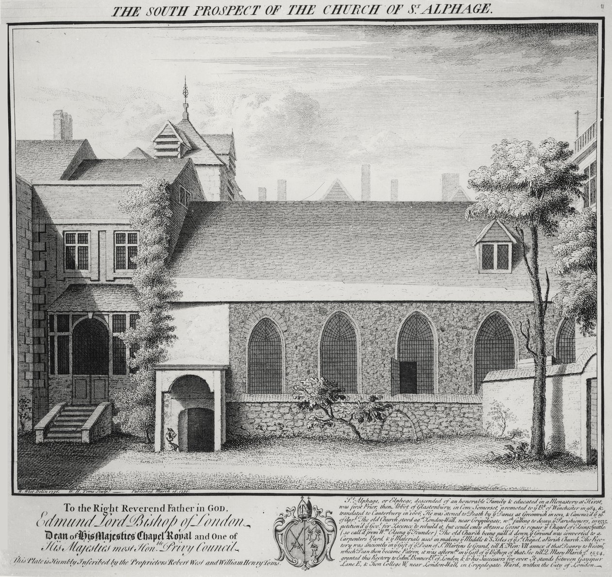 A perspectiva do sul da igreja de St. Alphage, gravada por William Henry Toms (c.1700-50) 1736 de Robert West