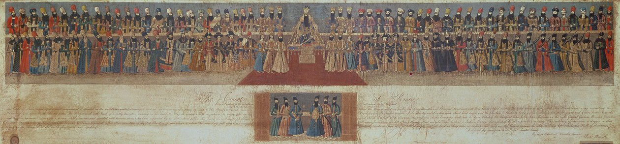 O Tribunal de Fath Ali, Xá da Pérsia, c.1799, com embaixadores estrangeiros, incluindo Sir Harford Jones e Sir John Malcolm (1769-1833) de Robert the Younger Havell
