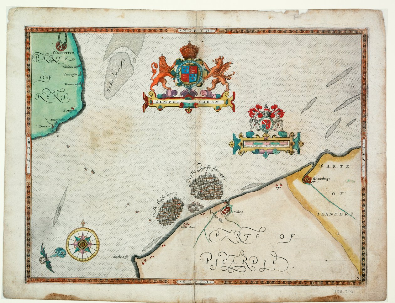 Dover a Sandwich e Blacknerse a Gravelines - A Armada Espanhola e a Frota Inglesa ao largo de Calais, c. 1590 (manuscrito) de Robert (after) Adams