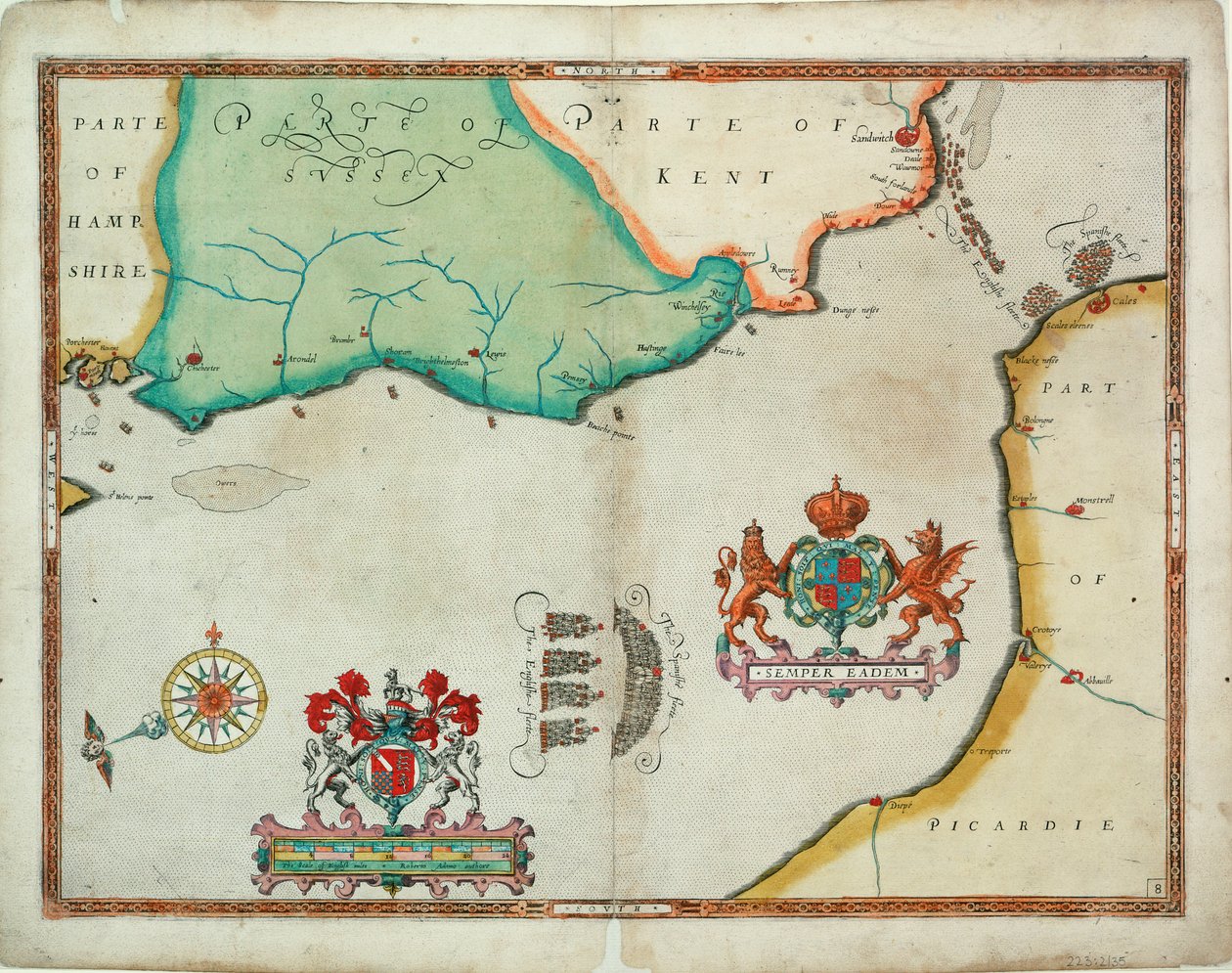 Mapa da "Perseguição a Calais, 4 - 6 de agosto de 1588 de Robert (after) Adams