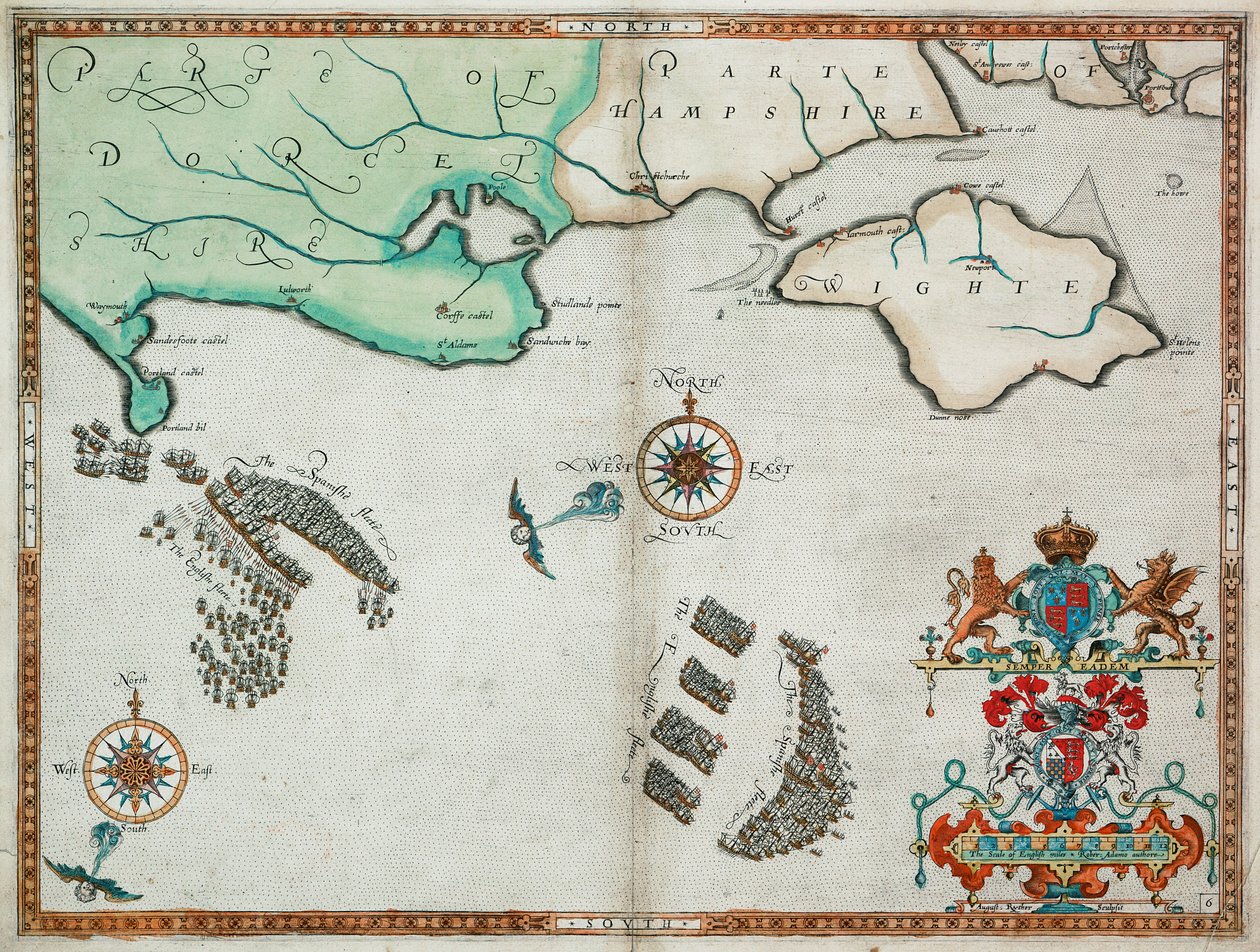 As frotas inglesa e espanhola entre Portland Bill e a ilha de Wight em 2 e 3 de agosto de 1588 de Robert (after) Adams