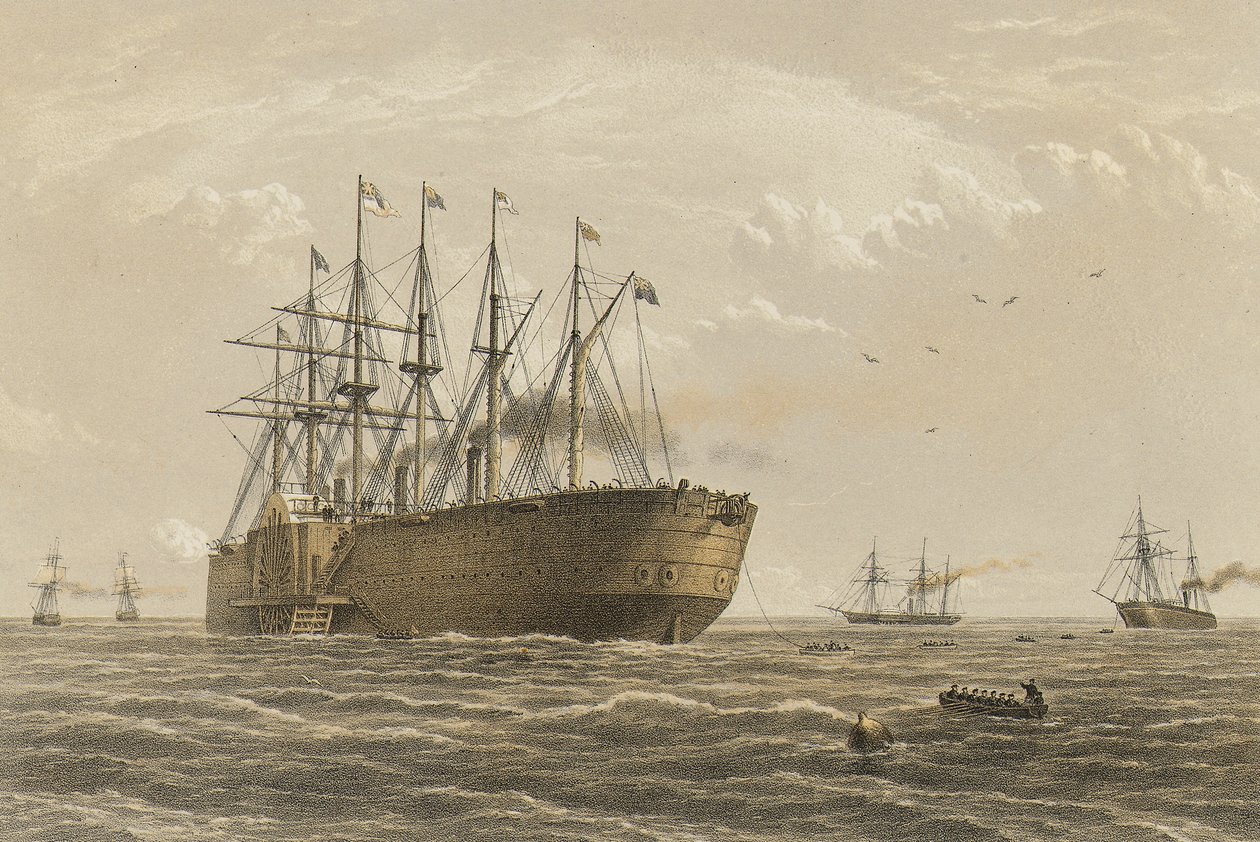 O "Great Eastern" sob pressão a 23 de julho (os navios de escolta e outros navios introduzidos são o Terrible, o Sphinx, o Hawk e o Caroline) de Robert (after) Dudley