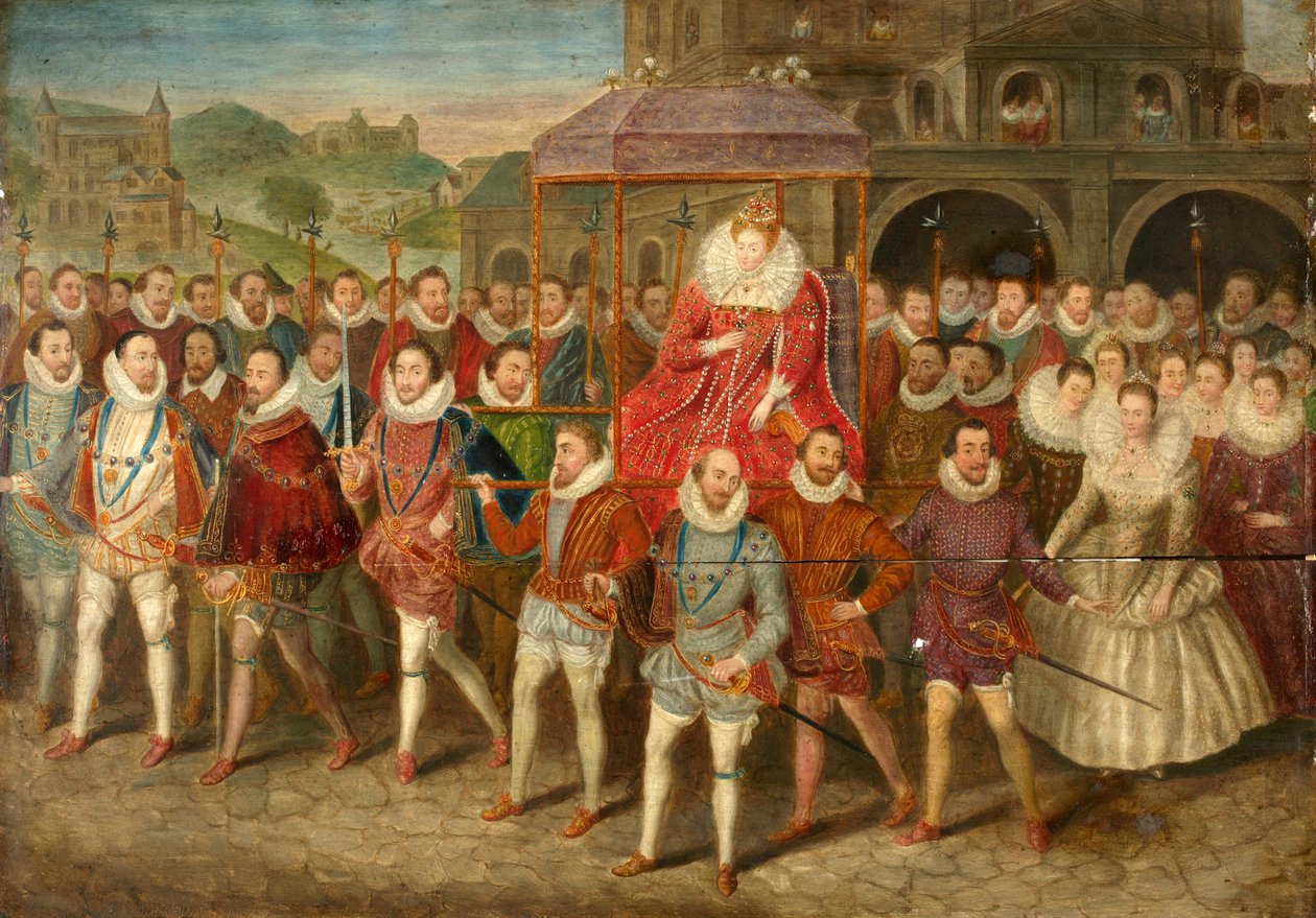 Uma procissão da Rainha Isabel I, c.1800-40 (óleo sobre painel) de Robert (after) Peake