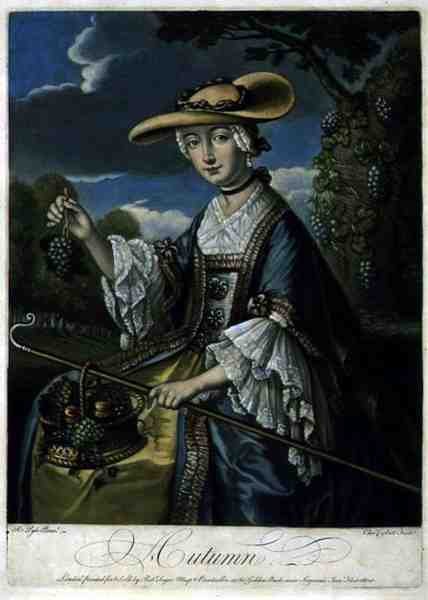 Outono, gravada por C. Corbutt (Richard Purcell) (fl.1746-66), pub. por Robert Sayer, c.1760 (gravura mezzotint) (ver também 125559-61) de Robert (after) Pyle