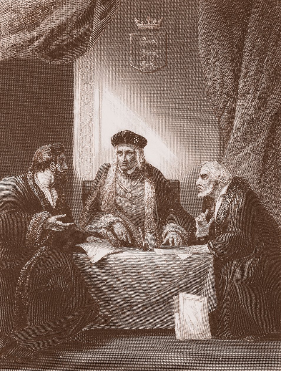 Henrique VII com Empson e Dudley, gravado por A.H. Payne (litho) de Robert (after) Smirke