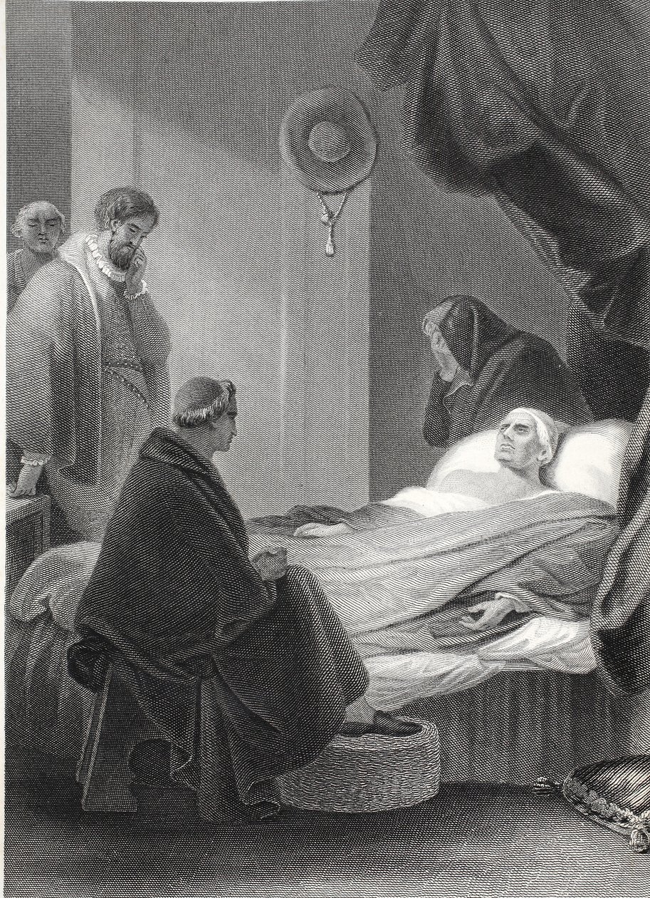 A Morte do Cardeal Wolsey, gravado por A.H. Payne (litho) de Robert (after) Smirke