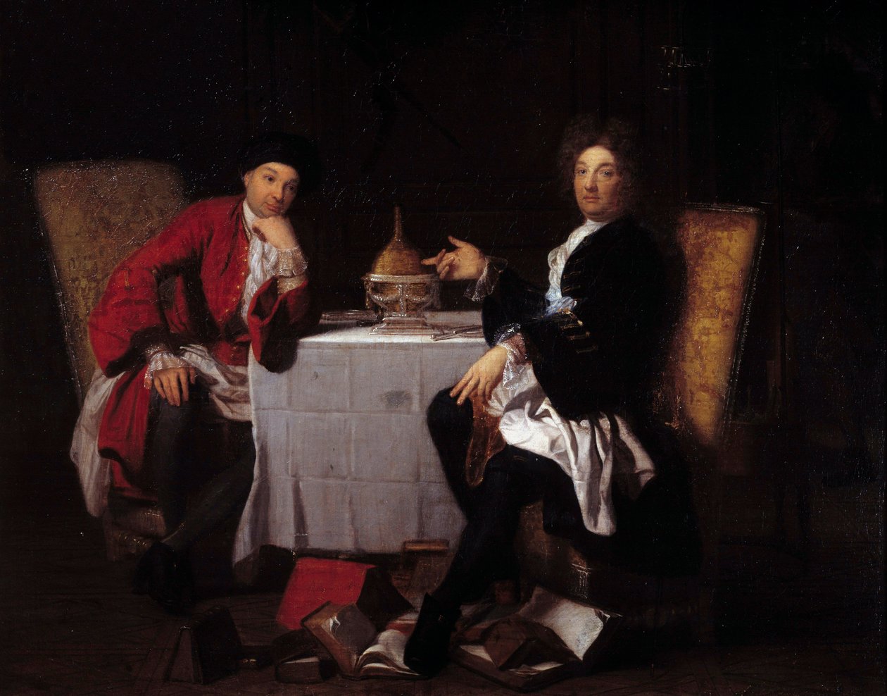 Dois epicureanos Dois filósofos a falar para uma mesa. Pintura atribuída a Robert Tournieres (1668-1752) Caen do século XVIII, musee des Beaux Arts de Robert (attr. to) Tournieres