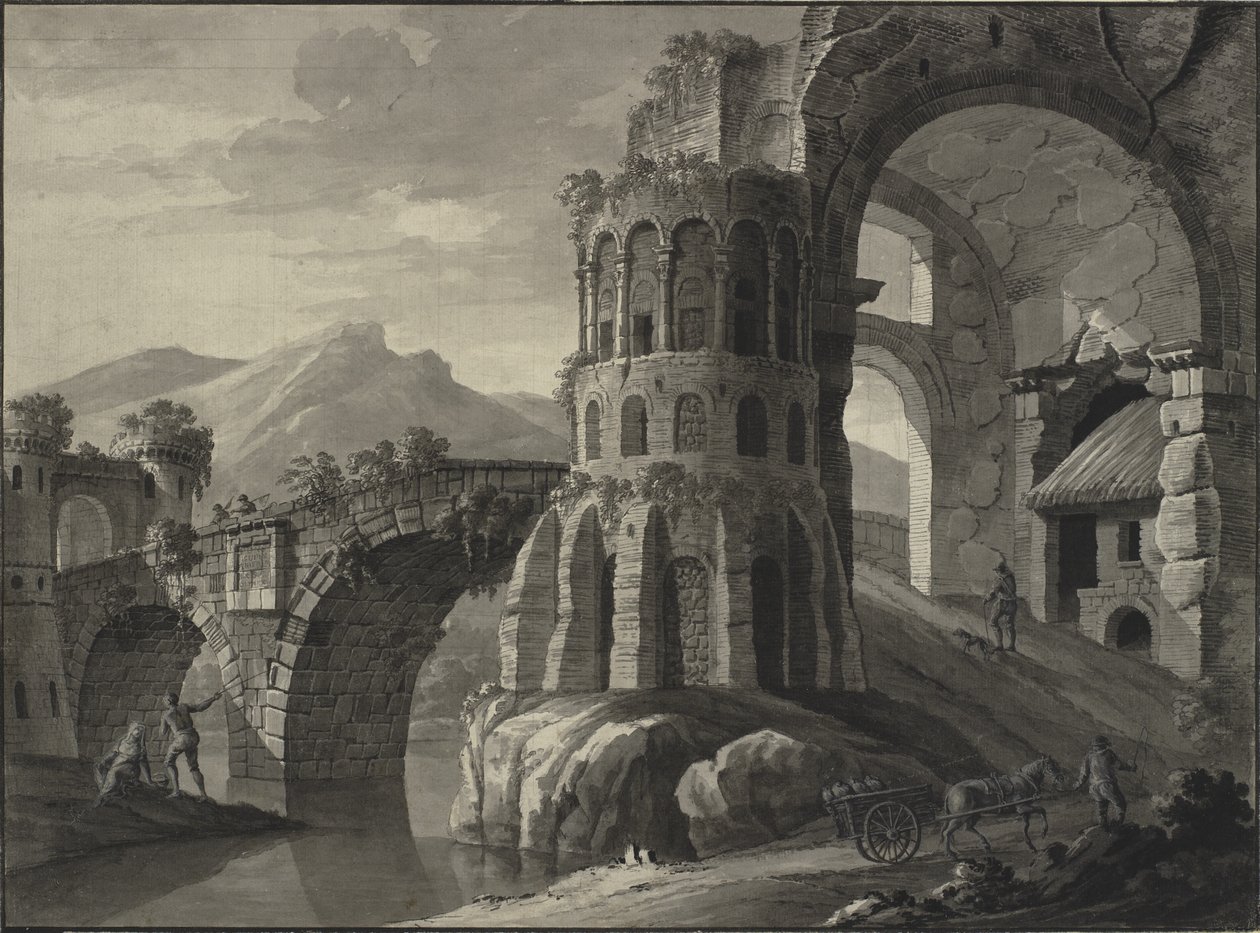 Fantasia arquitetônica. Ruína de ponte antiga, ladeada por torres medievais de Robert Adam