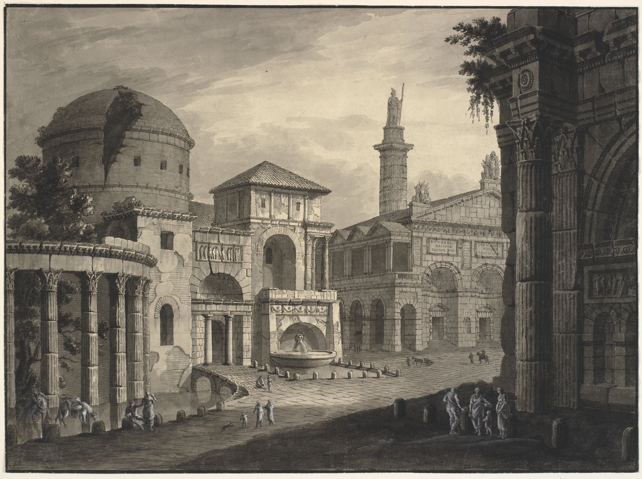 Fantasia arquitetônica de uma cidade antiga com uma praça e muitos prédios, alguns parcialmente em ruínas de Robert Adam