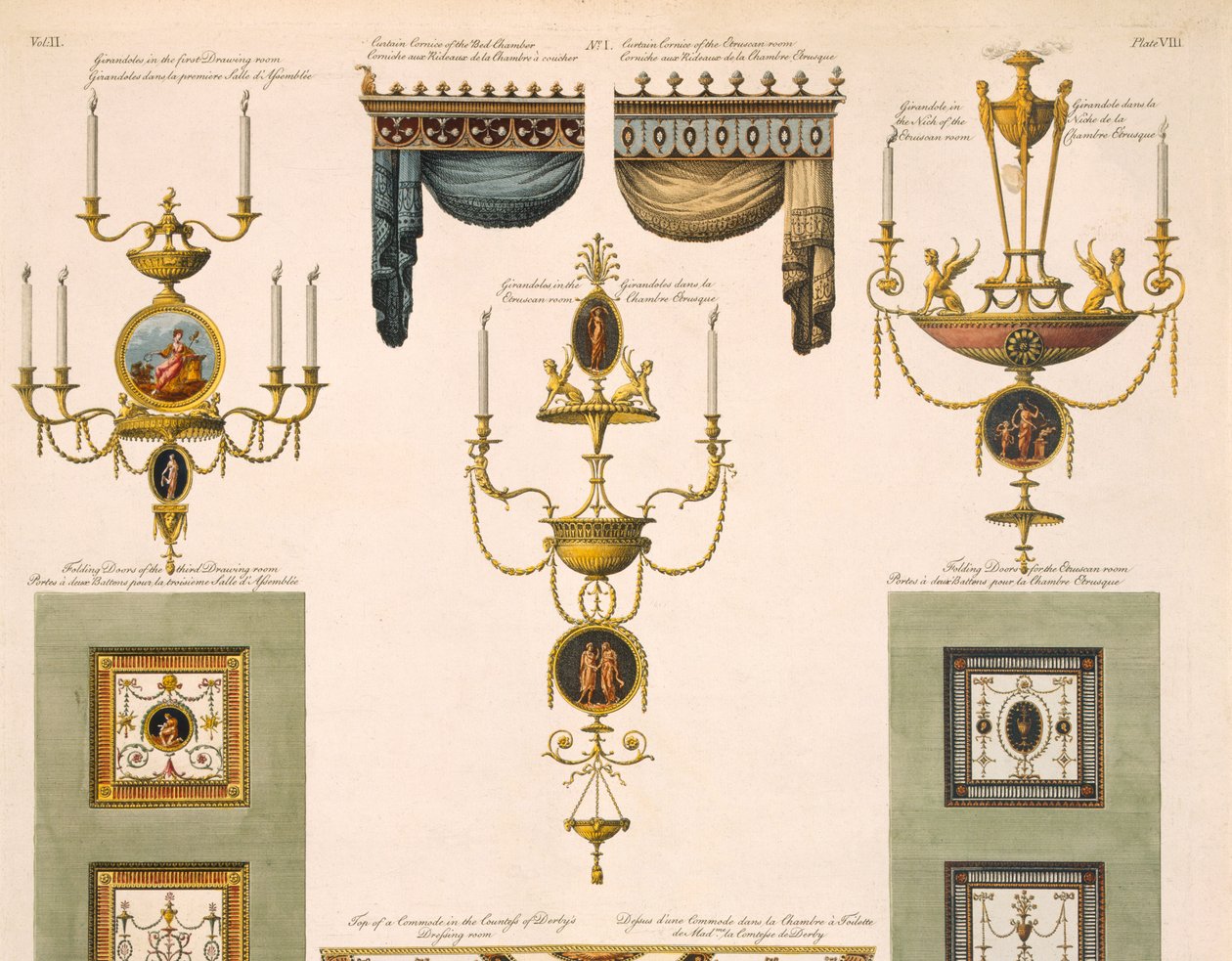Projetos para cornijas de cortina, Girandoles e portas dobráveis, detalhe de impressão de 1774 de 61957 de Robert Adam