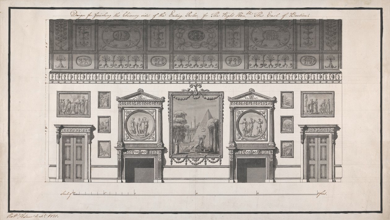 Headfort House, Comer Parlor, Chimney Side (caneta e tinta preta e lavar com lápis sobre papel) de Robert Adam