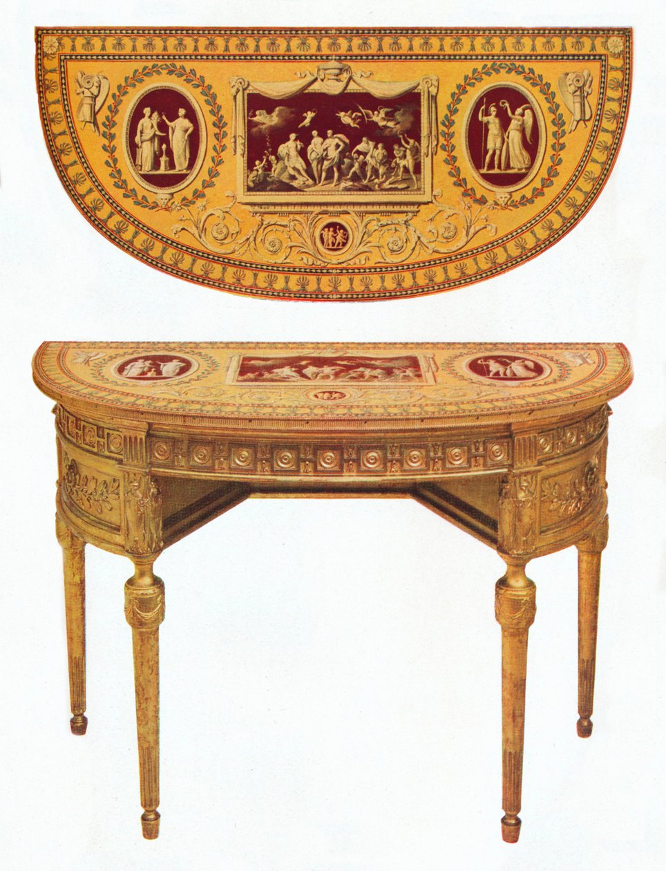 Uma de duas mesas laterais de Adam, a parte superior pintada à maneira de Pergolesi, do século XVIII de Robert Adam