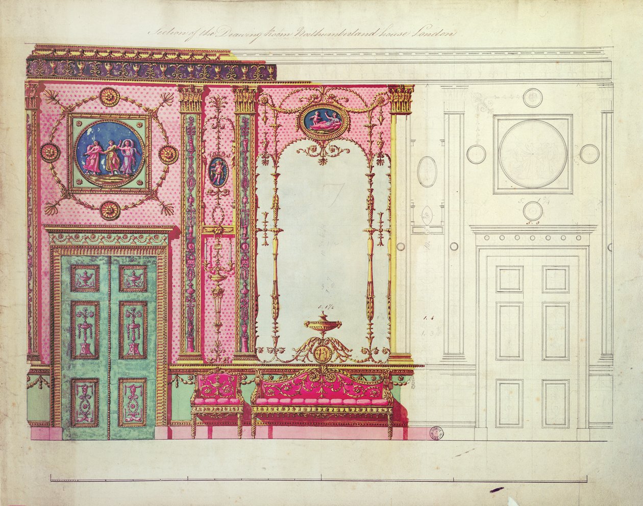 Seção da sala de desenho, Northumberland House, Londres; Design para parede final (caneta, tinta e wc) de Robert Adam