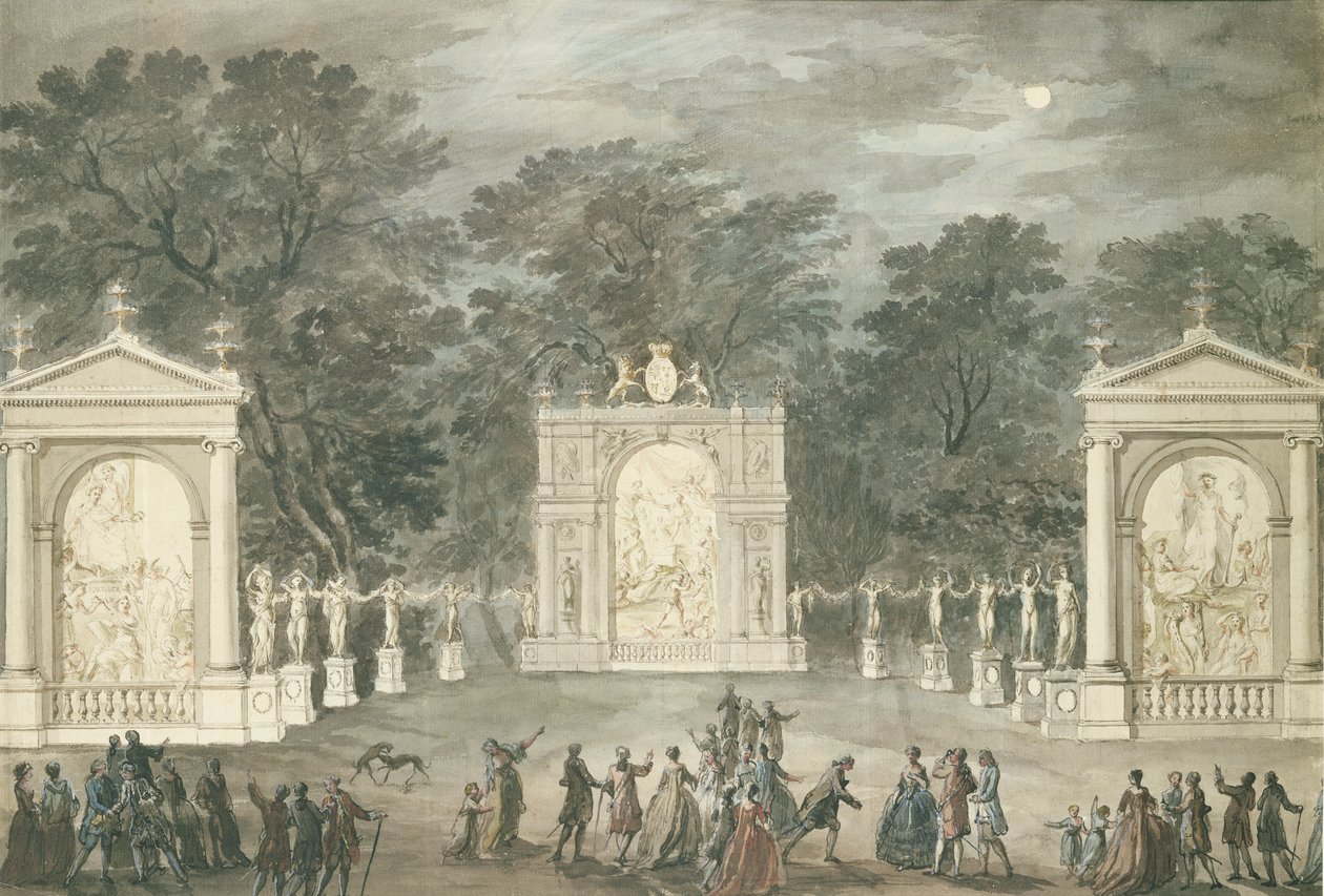 As Iluminações em Buckingham House para o aniversário do Rei George III, 4 de junho de 1783 (caneta e tinta no papel) de Robert Adam