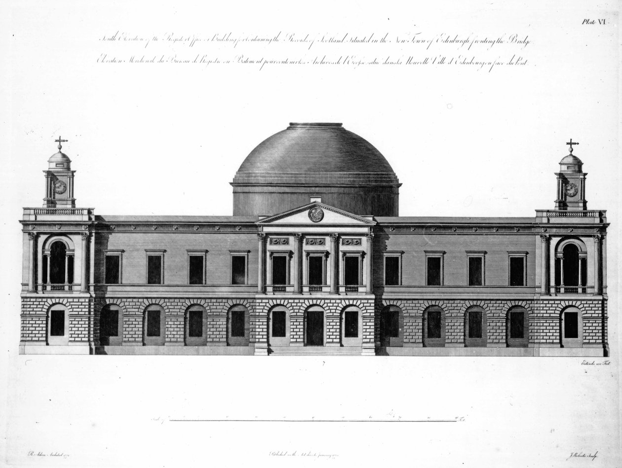 A elevação sul da casa de registro, Edimburgo, gravada por J. Roberts, 1773 de Robert Adam