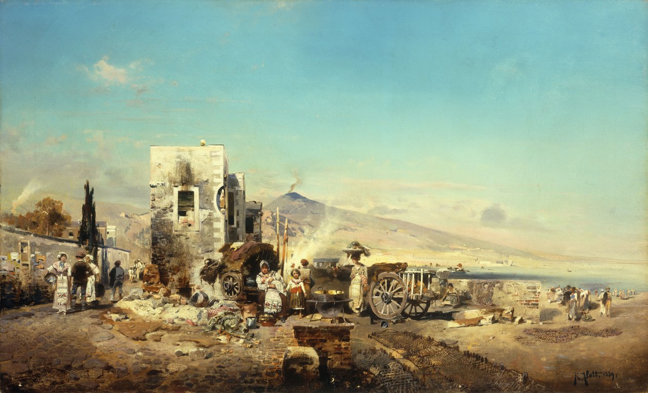 Uma vila neopolita com o Vesúvio à distância, 1889 de Robert Alott