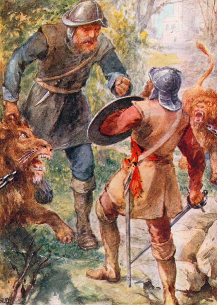 Greatheart ataca Giant Grim (litografia a cores) de Robert Ambrose (after) Dudley