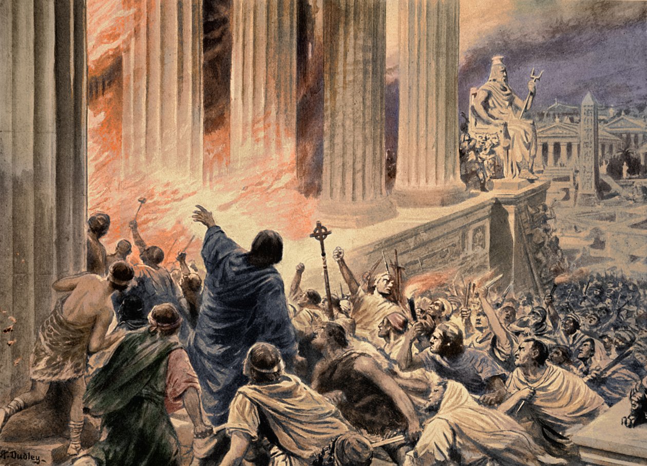 A queima da biblioteca em Alexandria em 391 dC, ilustração de 