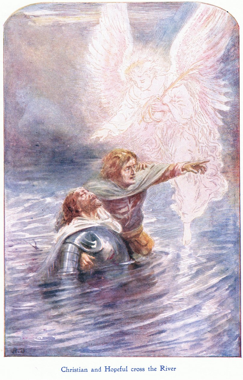 Cristão e esperançoso cruzam o rio, de The Pilgrims Progress publicado por John F Shaw & Co, c.1900