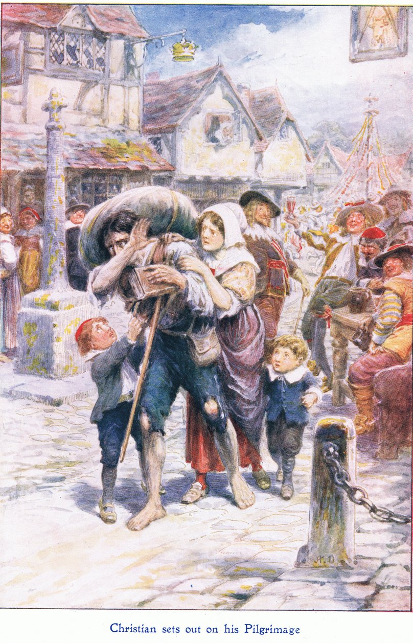 Christian inicia sua peregrinação, de The Pilgrims Progress publicado por John F Shaw & Co, c.1900