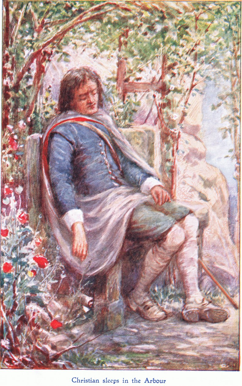 Christian sleeps in the arbour, de The Pilgrims Progress, publicado por John F Shaw & Co, c.1900