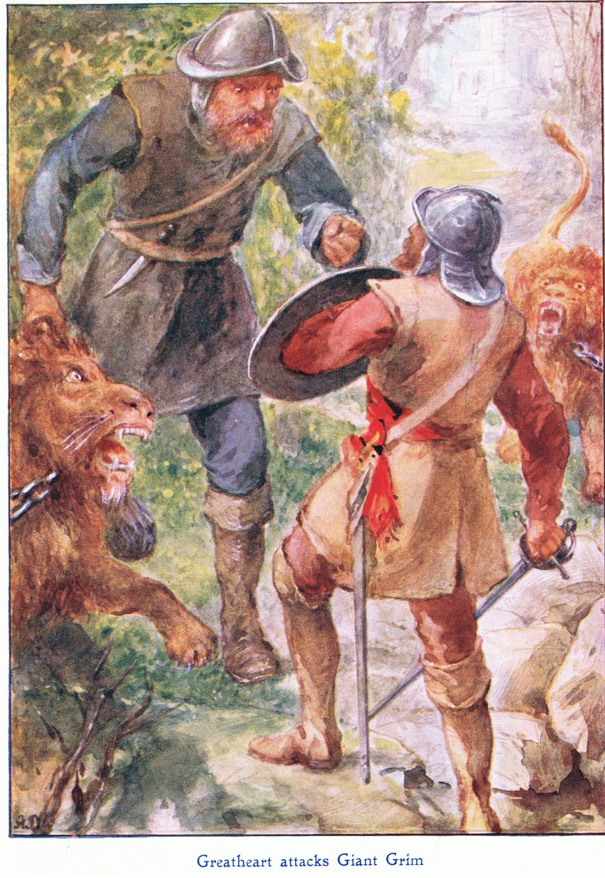 Great Heart attacks Giant Grim, de The Pilgrims Progress publicado por John F Shaw & Co, c.1900