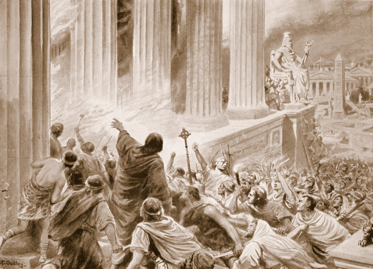 A Queima da Biblioteca em Alexandria em 391 DC, ilustração de "Hutchinsons History of the Nations", c.1910 (litho) de Robert Ambrose Dudley