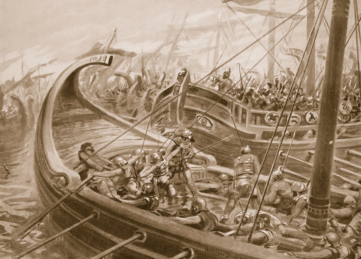 A frota Phocaen derrota os Cartagineses, ilustração da "História das Nações de Hutchinson", c.1910-15 (litho) de Robert Ambrose Dudley