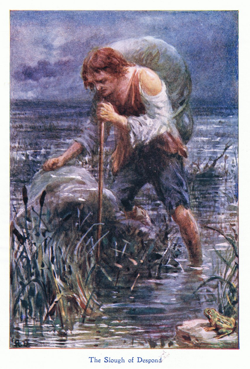 A lamaçal do desânimo, de The Pilgrims Progress publicado por John F Shaw & Co, c.1900