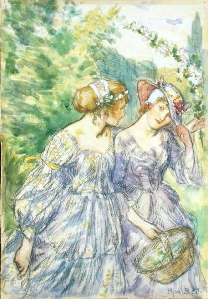 Veja para onde vai o meu Amor A-Maying / Com o Tocar da Dama Doce Flora (lápis e aguarela no papel) de Robert Anning Bell