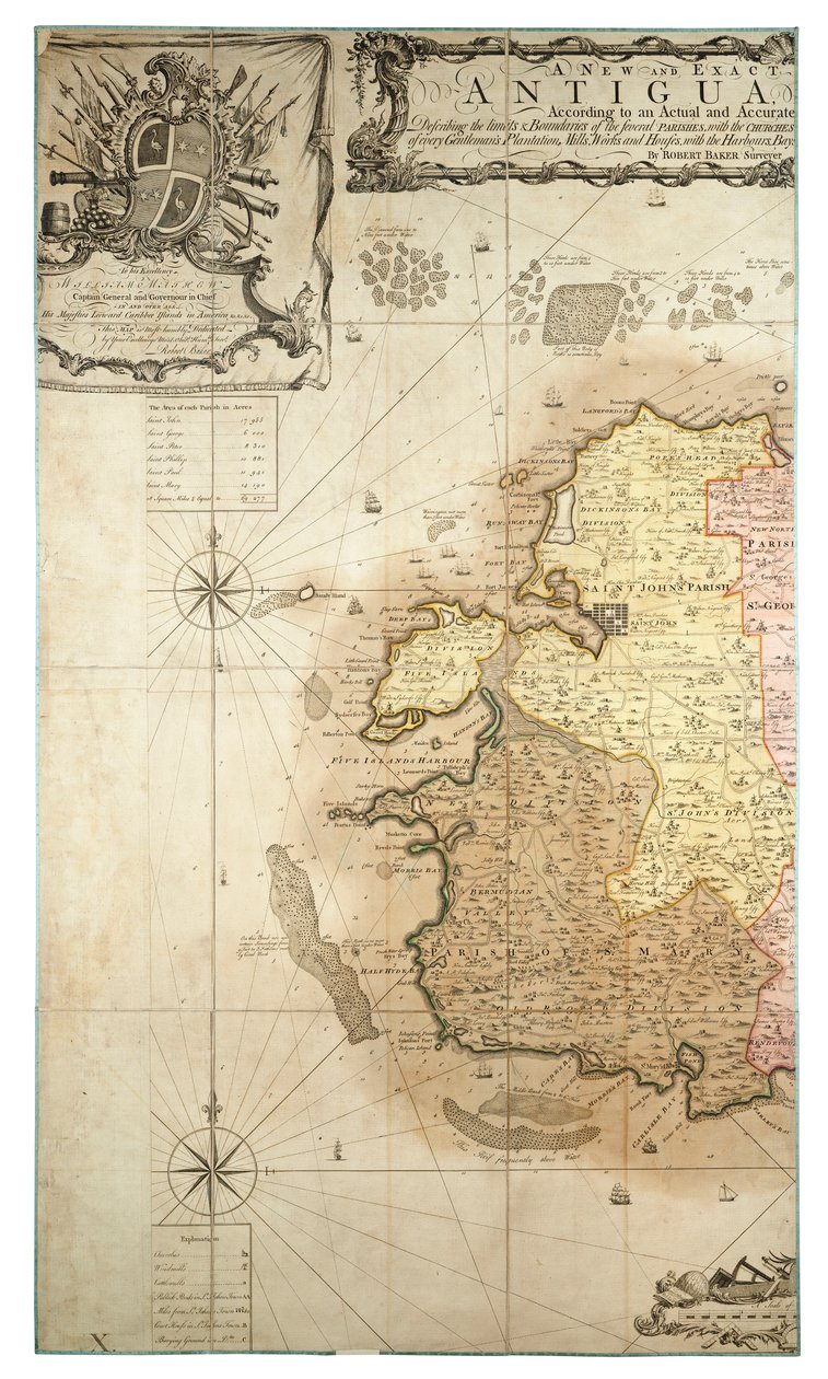 Um mapa novo e exato da ilha de Antígua na América, de acordo com um levantamento feito nos anos 1746-1748, c.1749 (gravura a cores) de Robert Baker