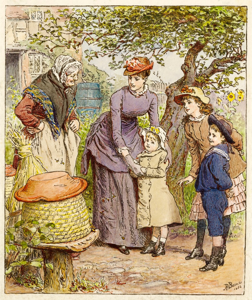 Mãe e filhos por uma colmeia, pub. 1854. de Robert Barnes