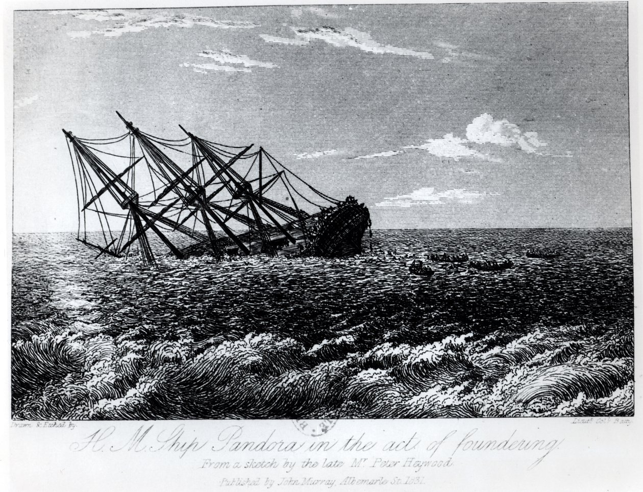 HM Pandora naufragando, de "A Historia Eventful da Munidade e Apreensão Piratica de HMS Bounty: sua causa e consequencias" por John Barrow, publicado por John Murray em 1835 de Robert Batty
