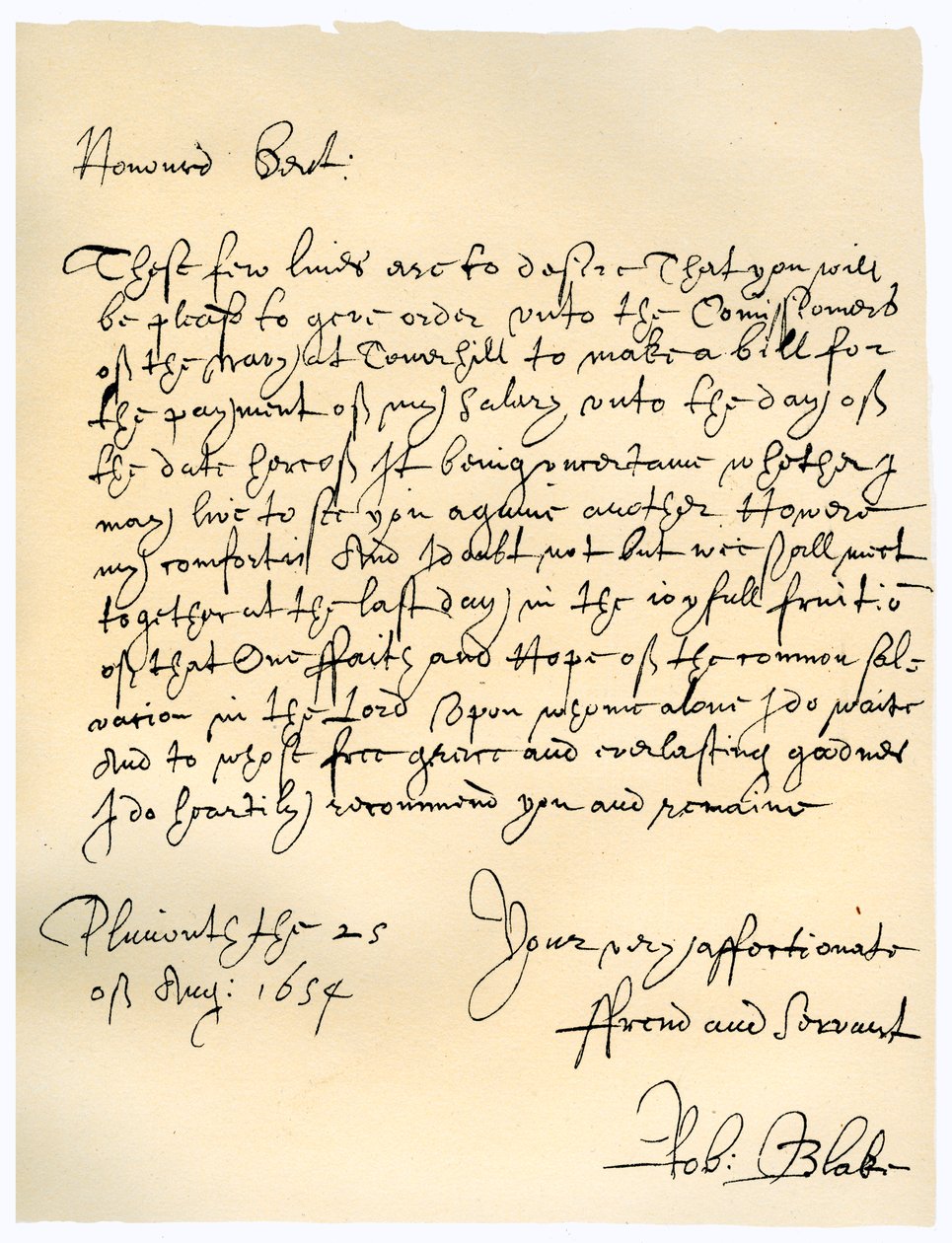 Carta do Almirante Robert Blake aos Comissários do Almirantado, 25 de agosto de 1654. de Robert Blake