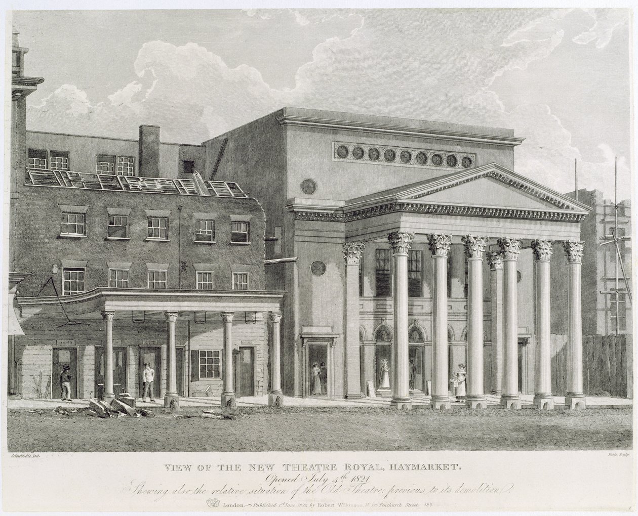 Vista do novo teatro real, Haymarket, inaugurado em 4 de julho de 1821, mostrando também a situação relativa do antigo teatro anterior à sua demolição, gravada por Dale, 1822 de Robert Blemell Schnebbelie