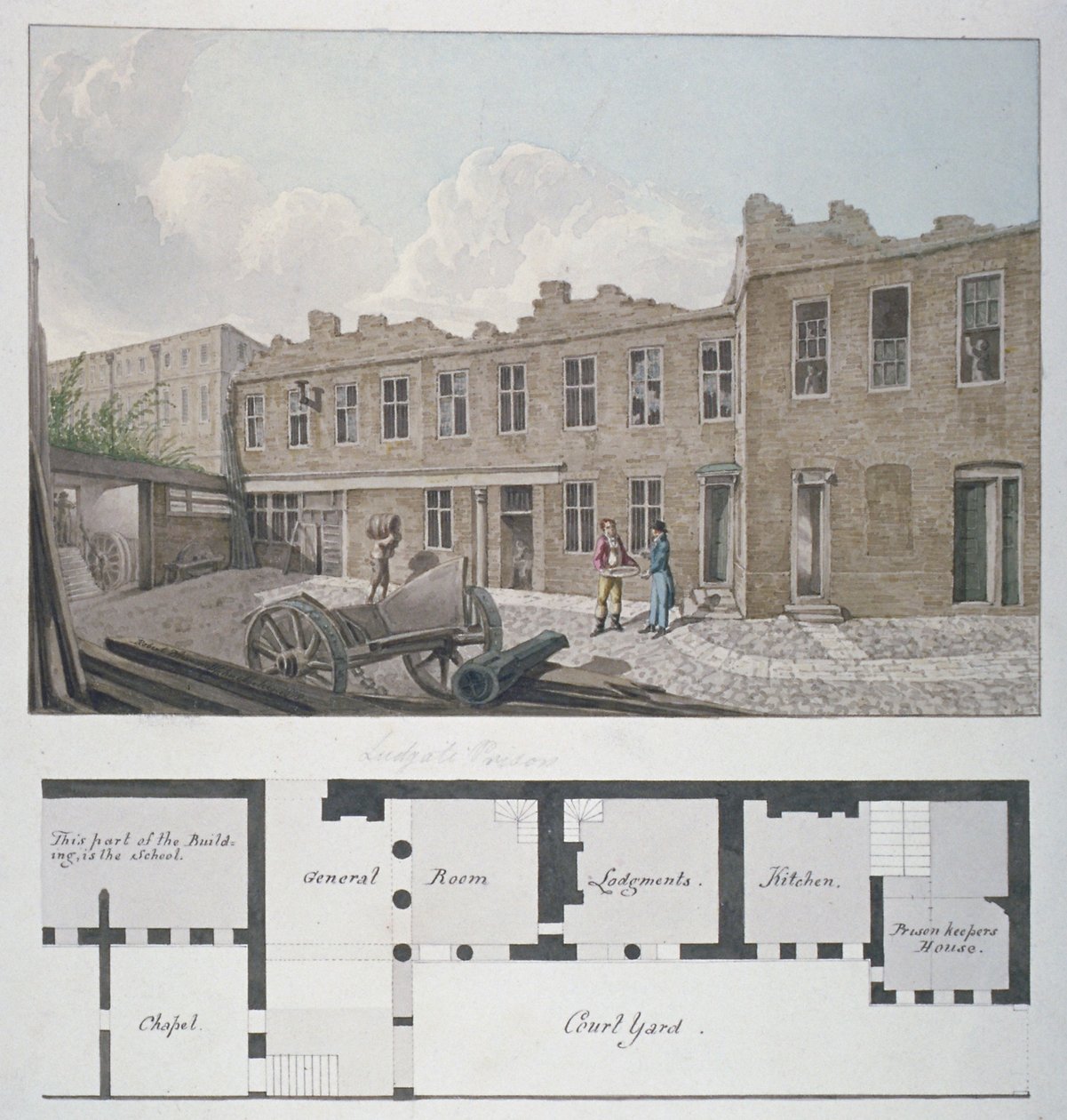 Prisão de Ludgate com um plano do London Workhouse, Bishopsgate, abaixo, Cidade de Londres, 1818 de Robert Blemmell Schnebbelie
