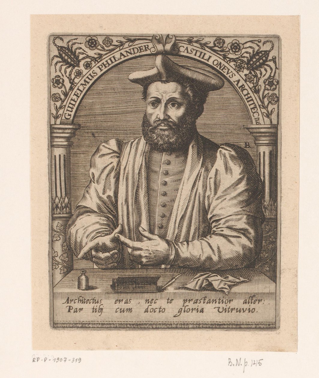 Retrato de Guillaume Philandrier Guilelmus Philander Castili oneus architectus (título no objeto) Série de retratos de estudiosos dos séculos XV e XVI (título da série) de Robert Boissard