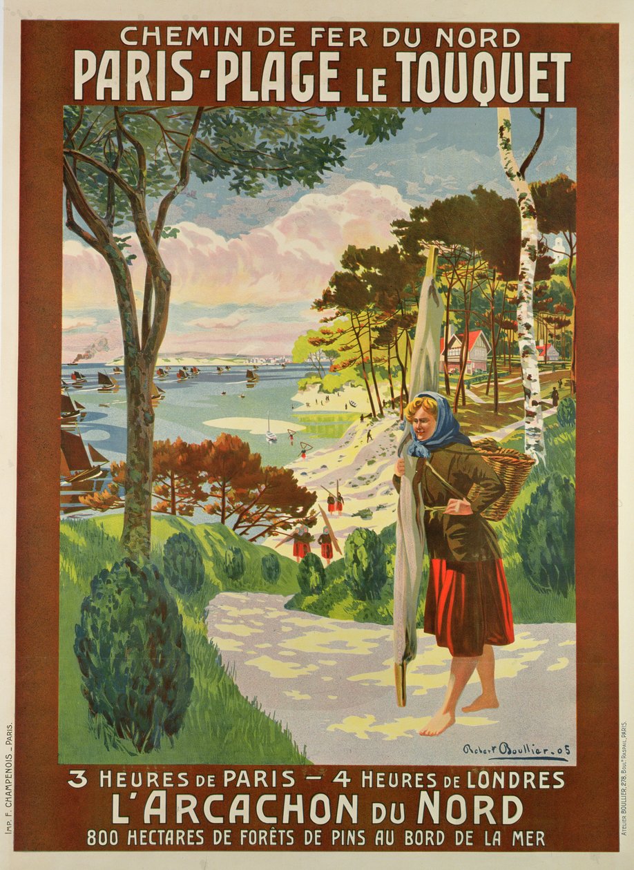 Cartaz publicitário Paris-Plage le Touquet, Pas de Calais, c.1910 (cor litho) de Robert Boullier