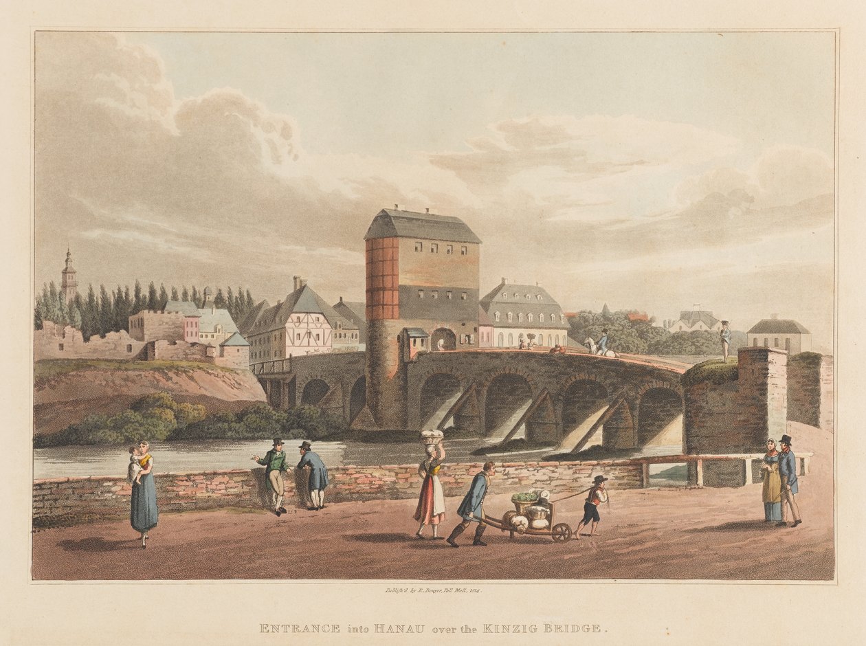 Entrada em Hanau pela ponte Kinzig, 1814 (aquatinta) de Robert Bowyer