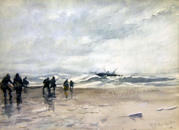 Pescadores Puxando em Barco de Pesca Desorientado (aguarela sobre papel) de Robert Buchan Nisbet