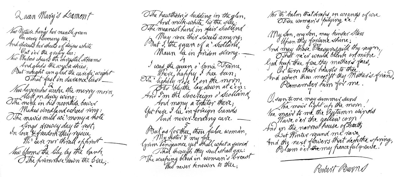 Rainha Marys Lament, poema escrito à mão por Robert Burns, final do século XVIII, 1840 de Robert Burns