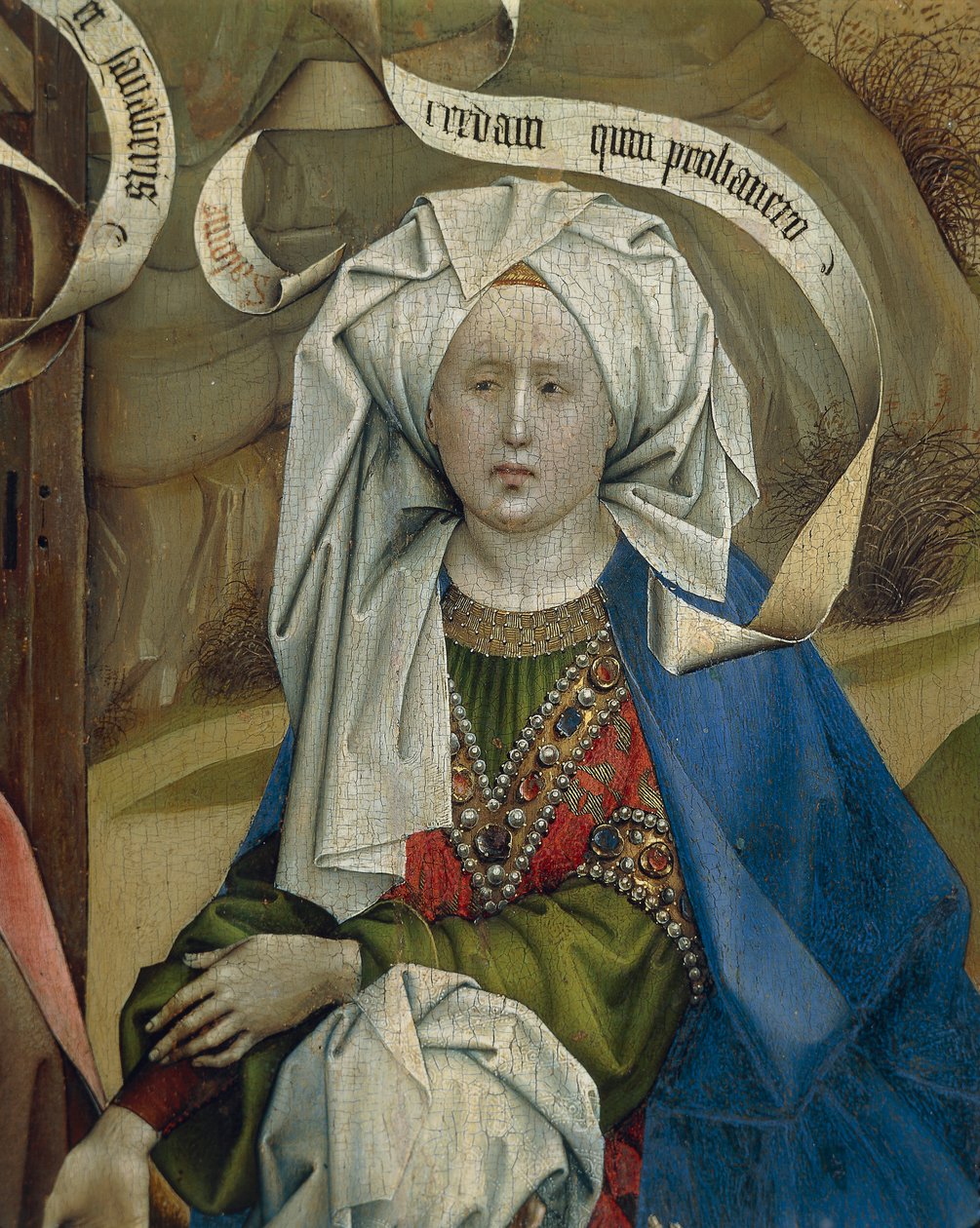 Detalhe representando a mulher da Natividade, por Mestre de Flemalle Robert Campin (1375/1379-1444), óleo sobre painel, cerca de 1420 de Robert Campin