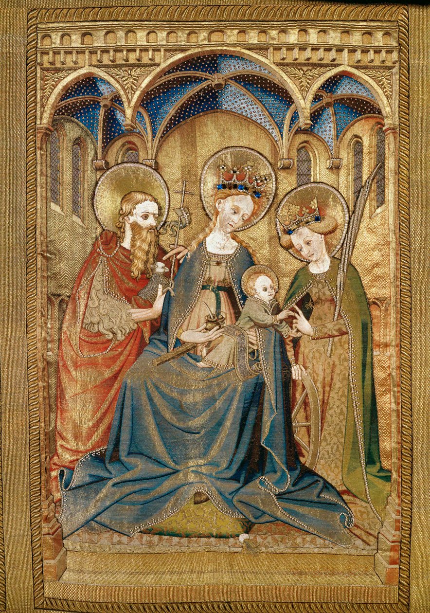Santa Maria e Menino entre Santa Catarina e São João Batista, pormenor (bordado sobre linho, fio de ouro e prata, seda, veludo, pérolas e vidro) de Robert Campin