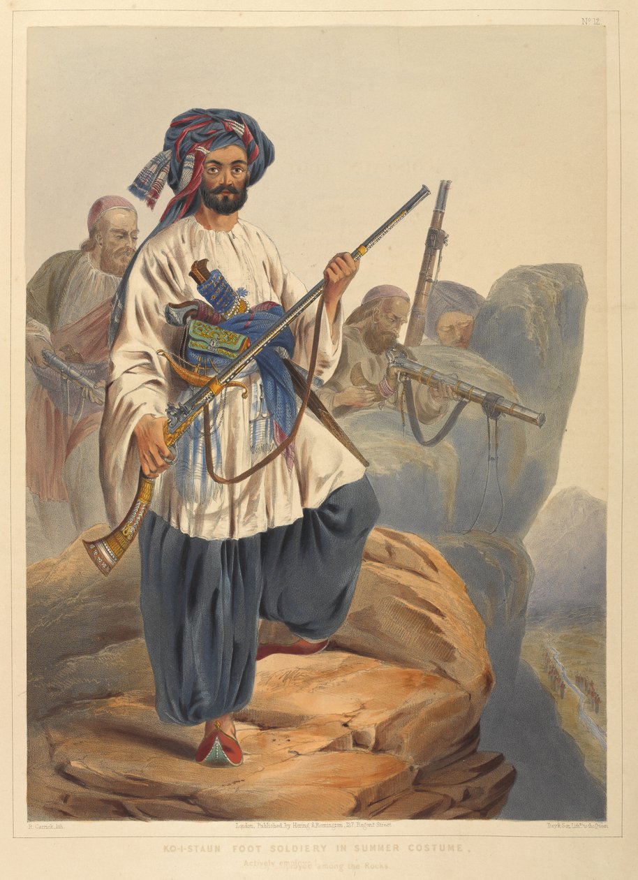 Soldado de pé Ko-i-Staun, em traje de verão, empregado ativamente entre as rochas (cor litho) de Robert Carrick