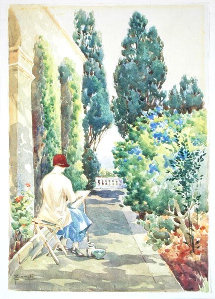 Cicely Nops Painting in a Garden (aguarela sobre papel) de Robert Caruana Dingli